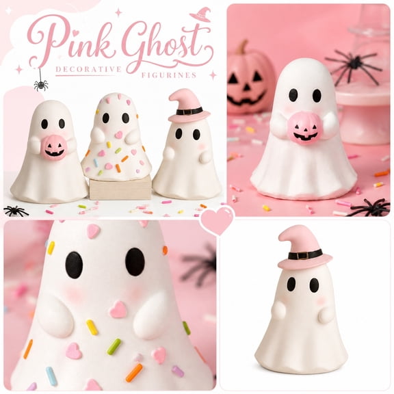 Halloween Pink Ghost Set, 3pc Cute Spooky Figurines With Witch Hat And Pumpkin, Resin Statue Decor For Home Tiered Tray Mantel Shelf Indoor Autumn Festive Party Display