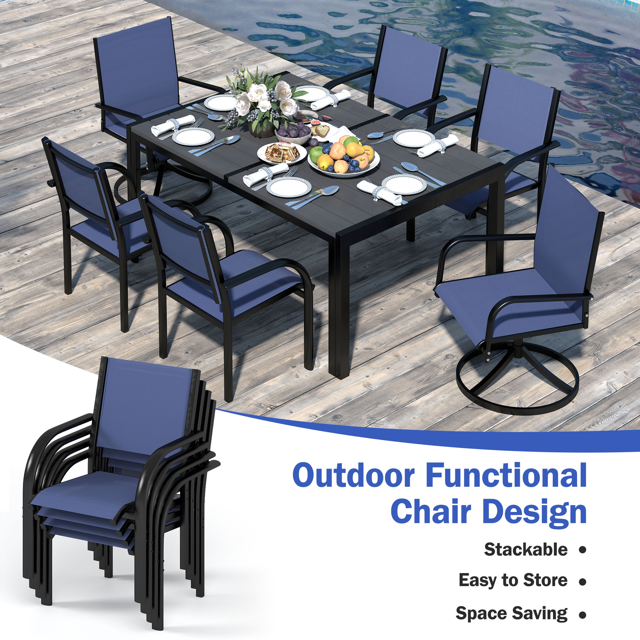 Patio Dining Set, Enyopro 7 Piece Outdoor Dining Set for 6, Patio Dining Furniture set with Swivel Textilence Chairs and Dining Table, for Garden Patio Backyard, Blue