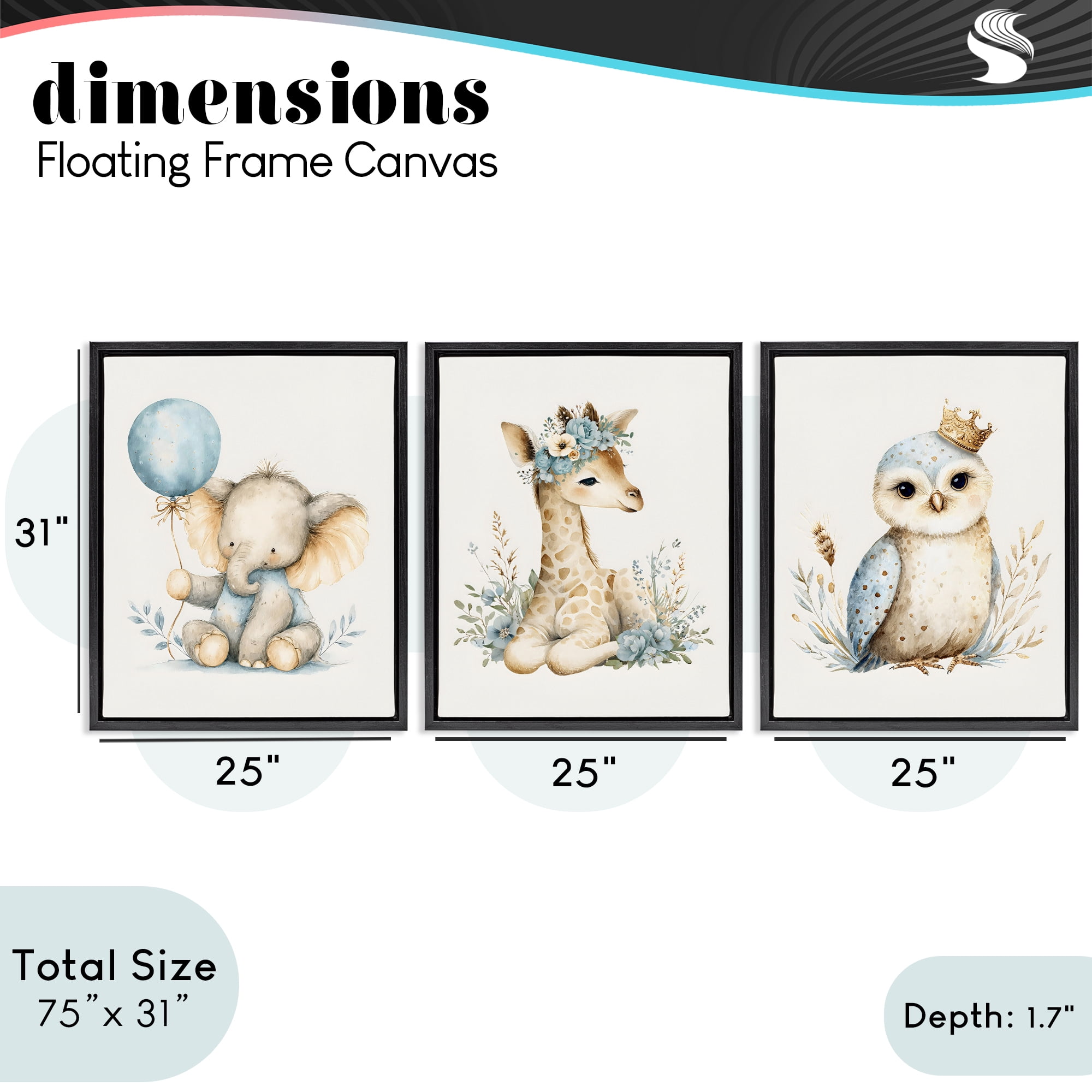 Stupell Industries Watercolor Nursery Animals 3 Piece Black Framed Floater Canvas Set, design by LSR Design Studio