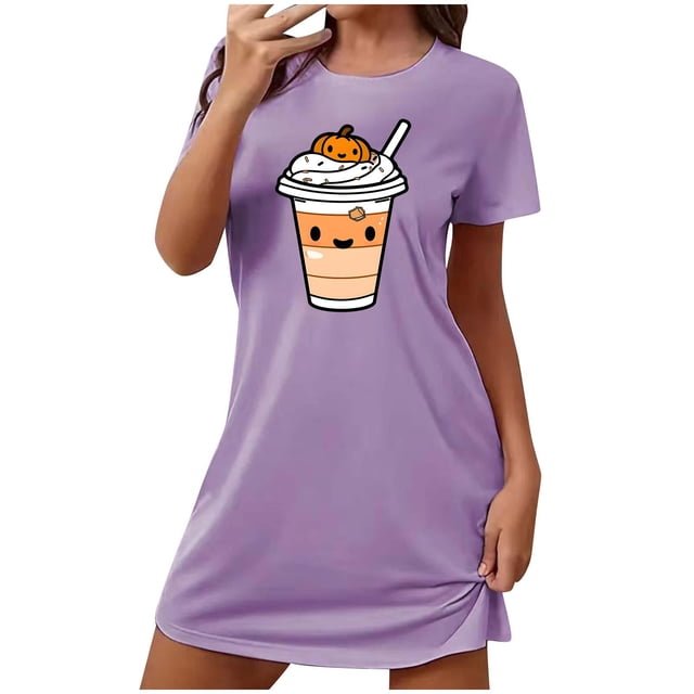 Tnhcen Vêtements de Nuit d'Halloween Cool Grande Taille Robe à Manches Courtes Imprimé Dessin Animé Col Rond Polyester Spandex Doux P-2TG pour Fêtes de Saison Chaude