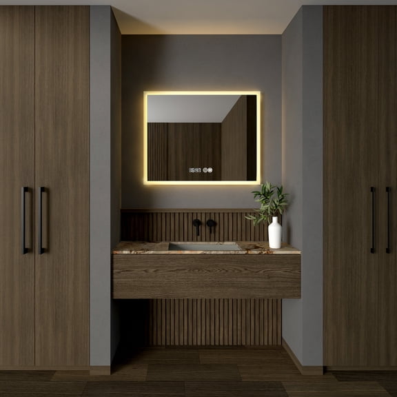 Ozarke Glowing LED Vanity Mirror with Digital Clock, Fog Free and 3 Lights Emitting Color - Small