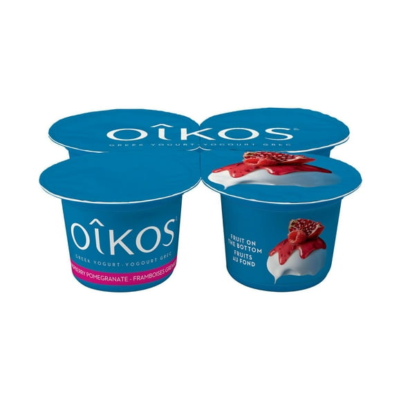 Oikos Greek Yogurt, Raspberry-Pomegramate Flavour, Fruit on Bottom, 2% M.F.,, 4 x 100g Greek Yogurt Cups