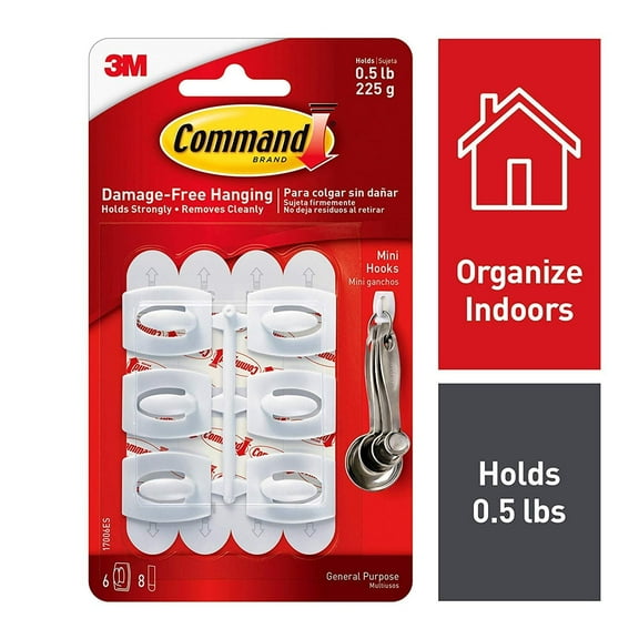 Command 0.5 lb Capacity Mini Hooks, Indoor Use, 6 hooks, 8 strips, White 17006-ES
