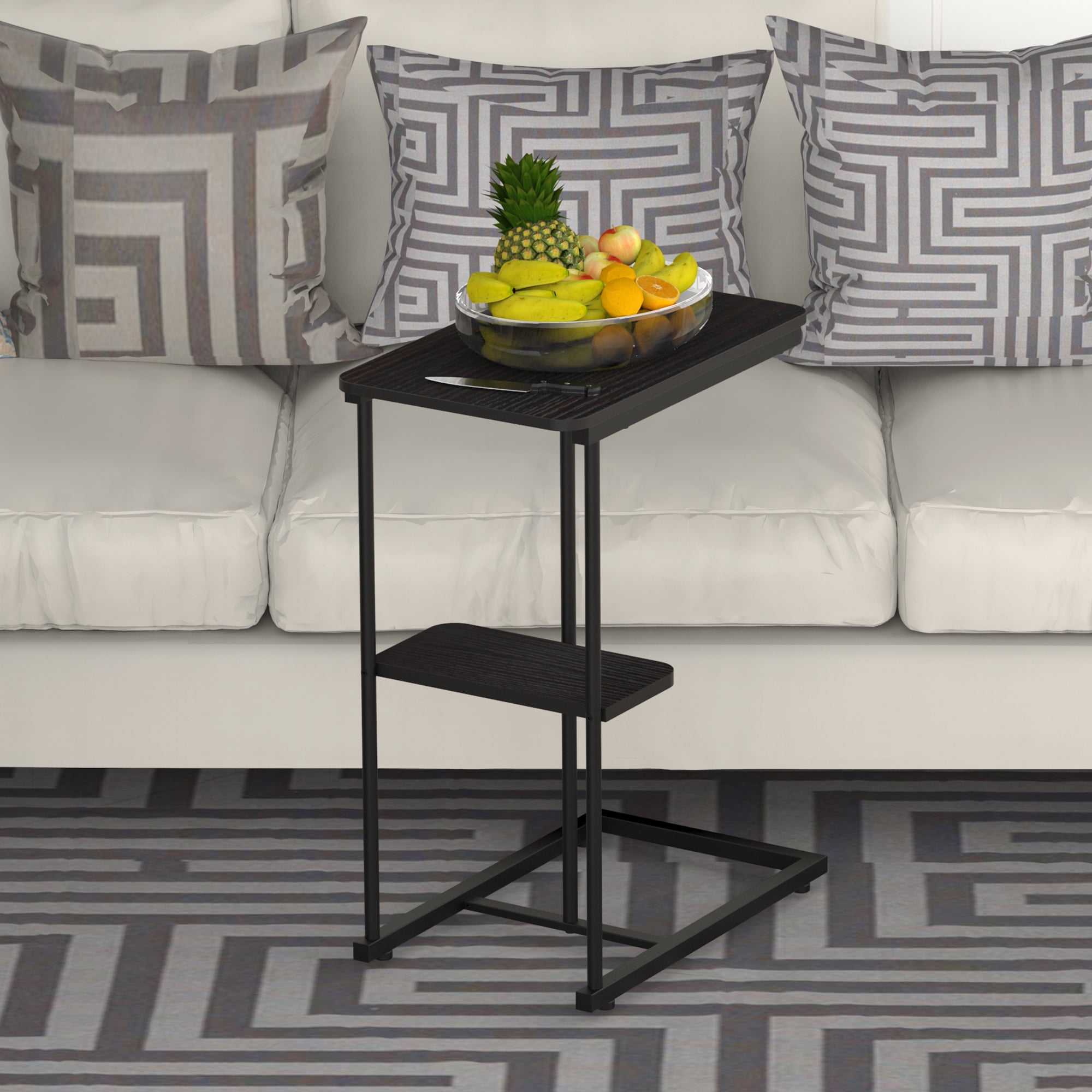 Leumius C-Shape End Table,End Table with Storage Basket,Portablle Sofa Side Table,Black Brown
