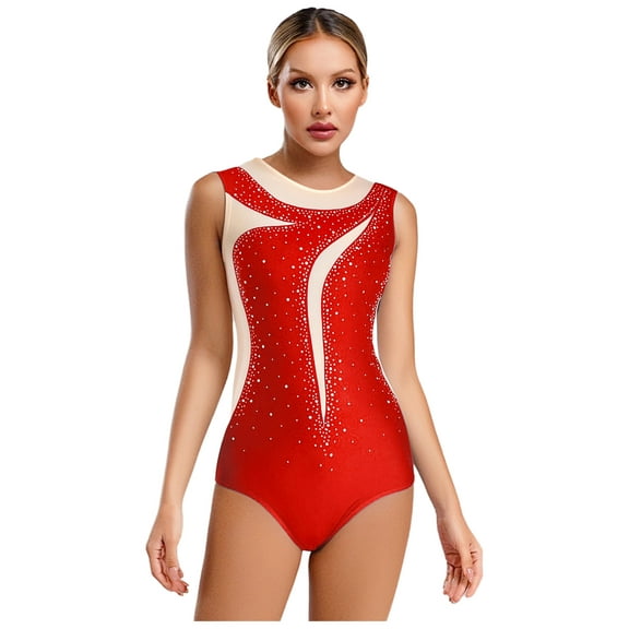 Hansber Women's Rhythmic Gymnastic Leotard Dancewear Sleeveless Sparkly Rhinestone Figure Ice Skating Bodysuit Red XL