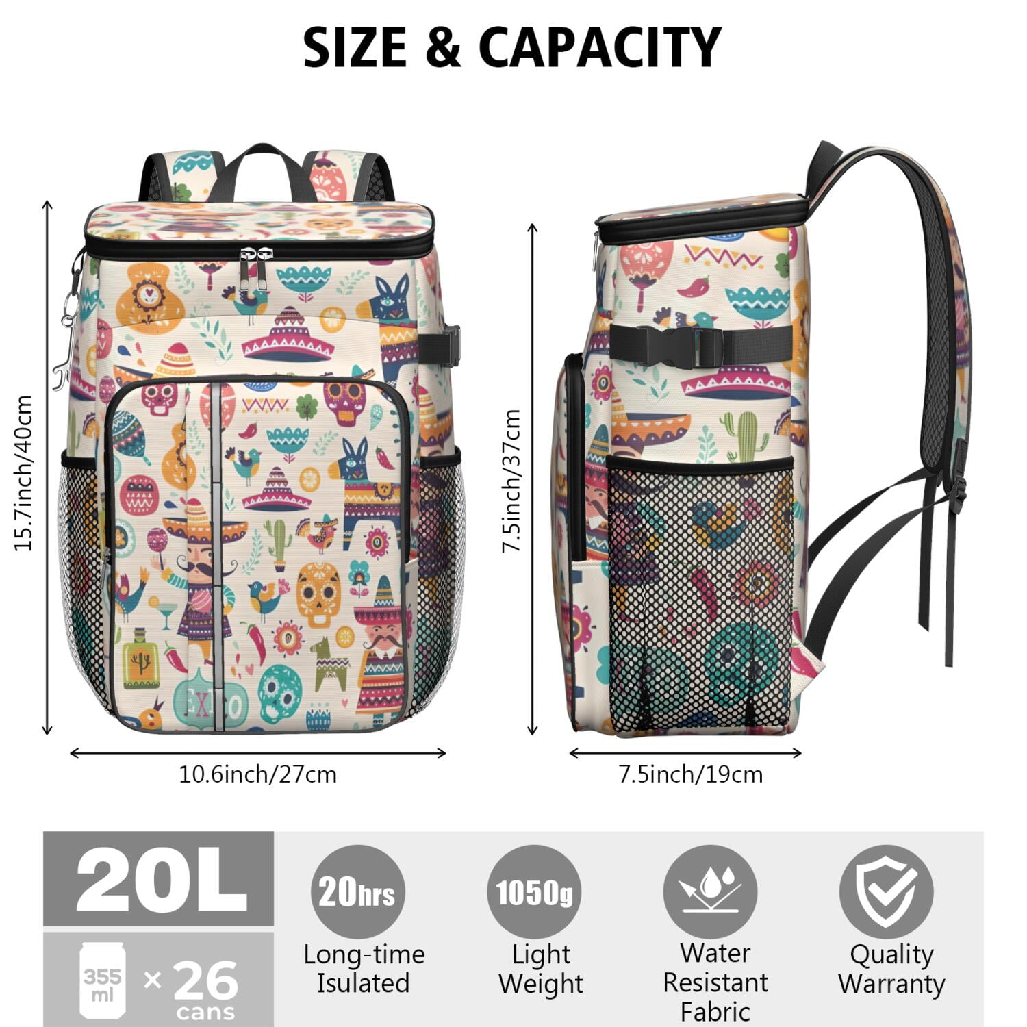 Travel Cooler Bag - Colorful Mexican Elements Camping Beer Cooler Backpack with Bottle Opener- Waterproof Insulated Picnic Backpacks - Cooler Bag for Beach