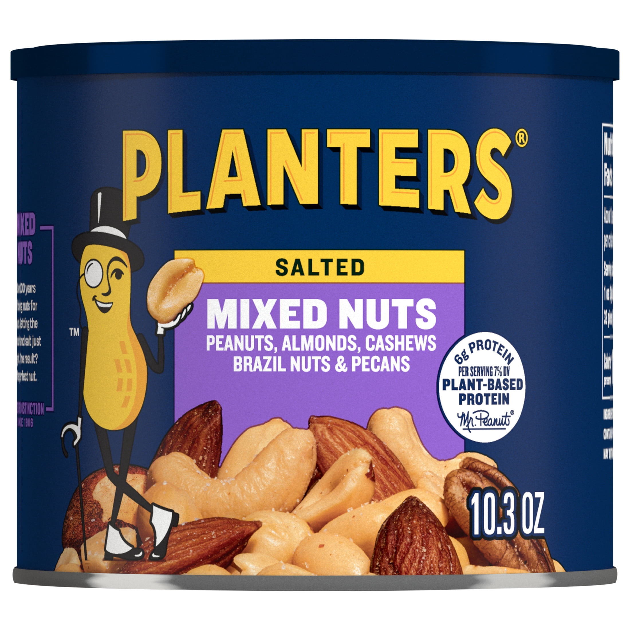 (12 pack) PLANTERS Salted Mixed Nuts, Party Snacks, 6g (7% DV) Plant-Based Protein, 10.3 oz Can