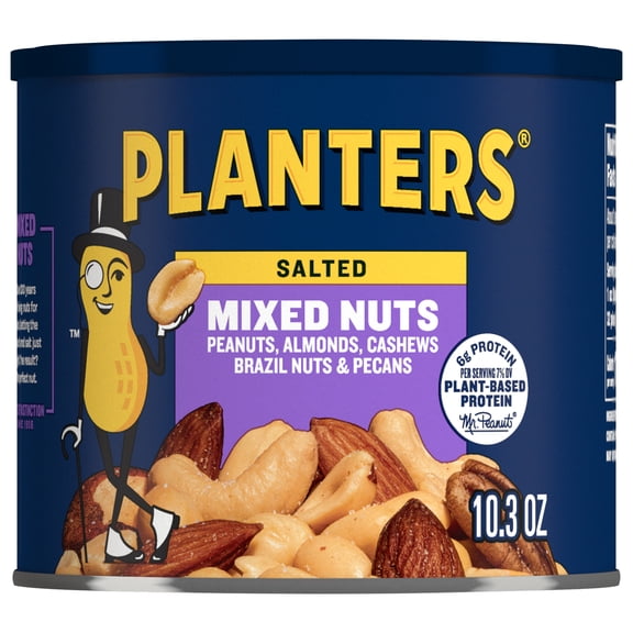 PLANTERS Salted Mixed Nuts, Party Snacks, 6g (7% DV) Plant-Based Protein, 10.3 oz Can