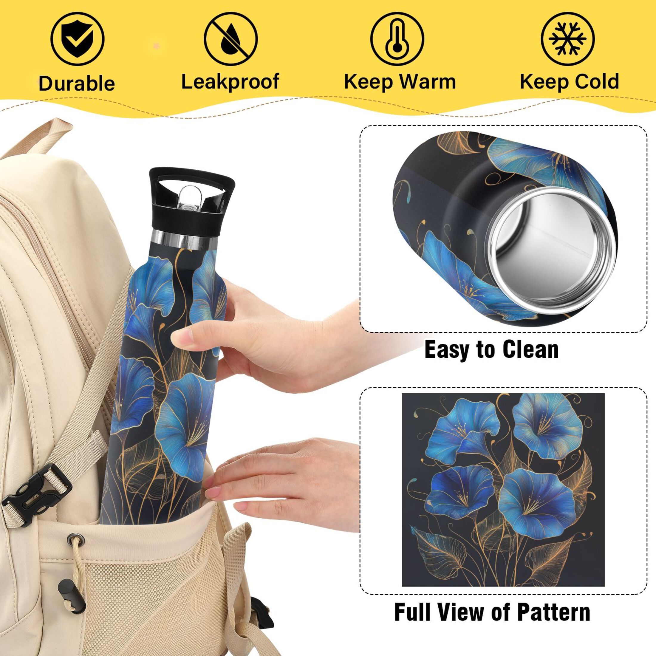 Kids Insulated Stainless Steel Sports Water Bottle 600ml (20oz) Blue Morning Glory Flowers