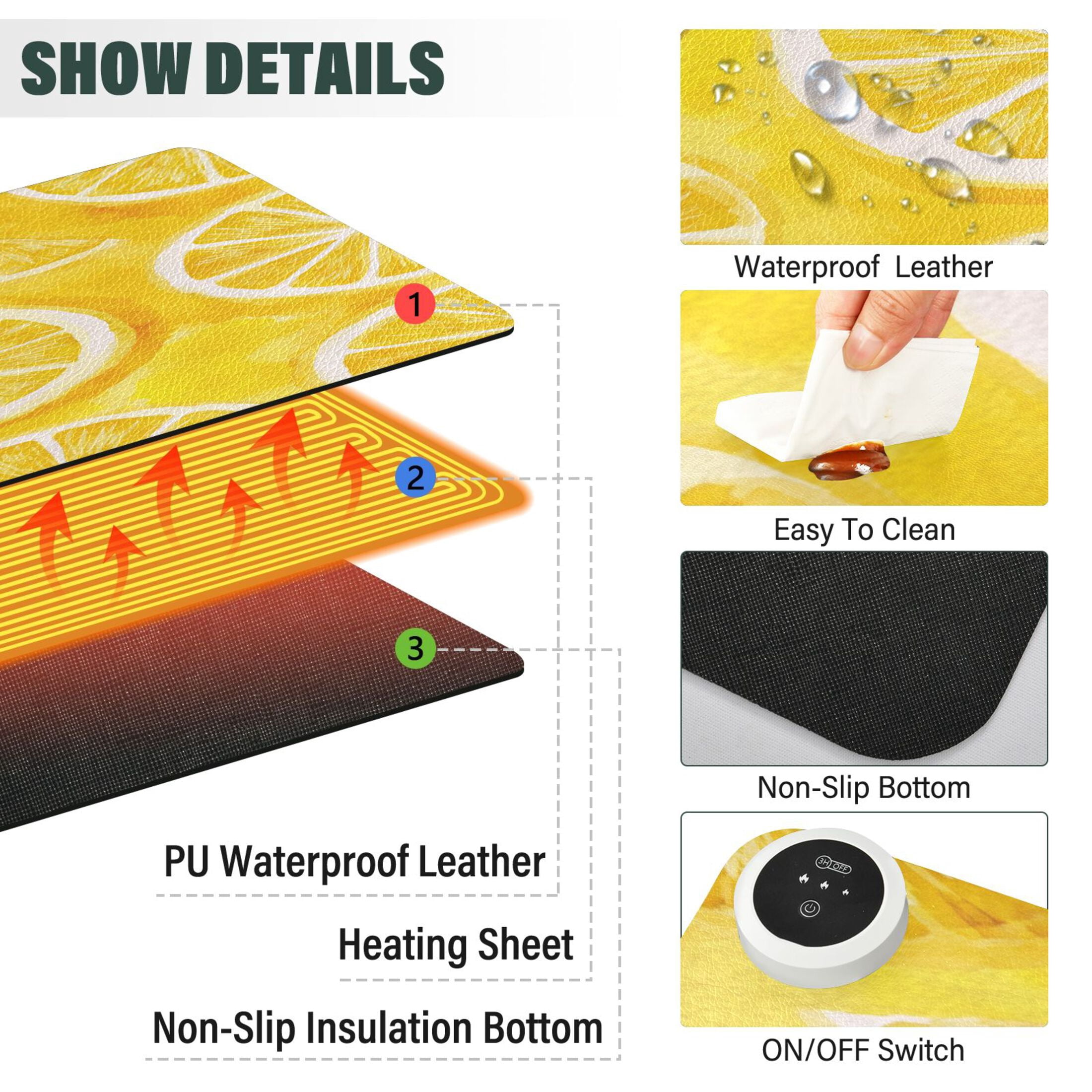Large Heated Desk Mat Mouse Pad 31.5"x13"PU Leather Graphene Heating Desk Warmer with 3 Temperature Settings 110V US Plug Non-Slip Warm Pad for Home, Office, and Gaming Retro Lemon Slice Pattern
