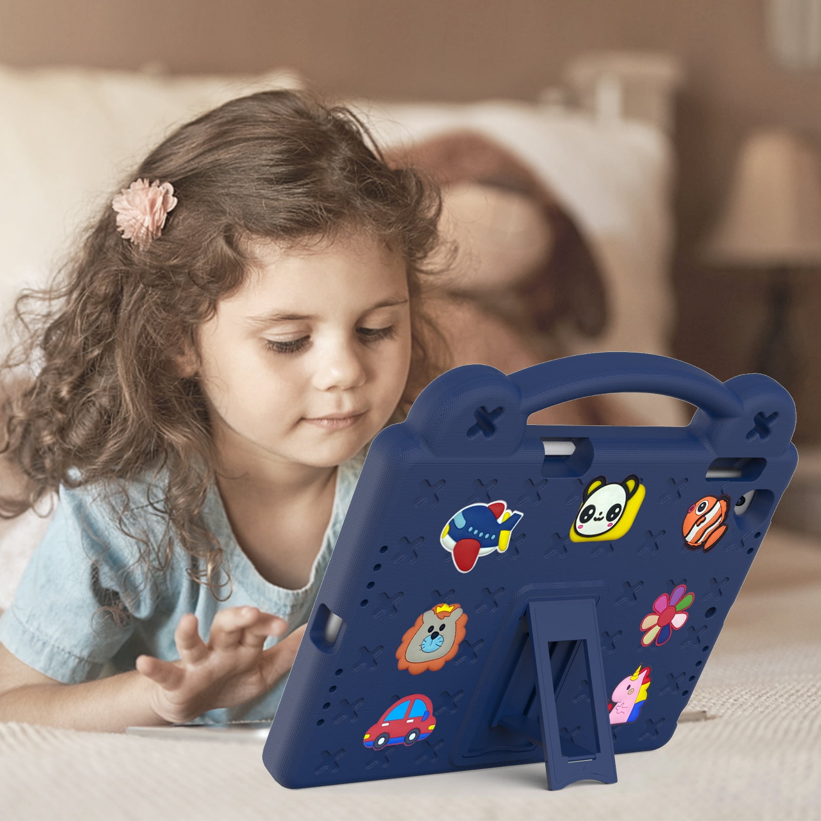 ELEHOLD Kids Case for iPad 6th/5th Gen/Pro (2018/2017/2016) 9.7 inch, EVA Foam Cute Cartoon Case with Built-in Kickstand Pencil Holder Shockproof Portable Case for iPad 9.7"/iPad Air/Air 2,Navyblue