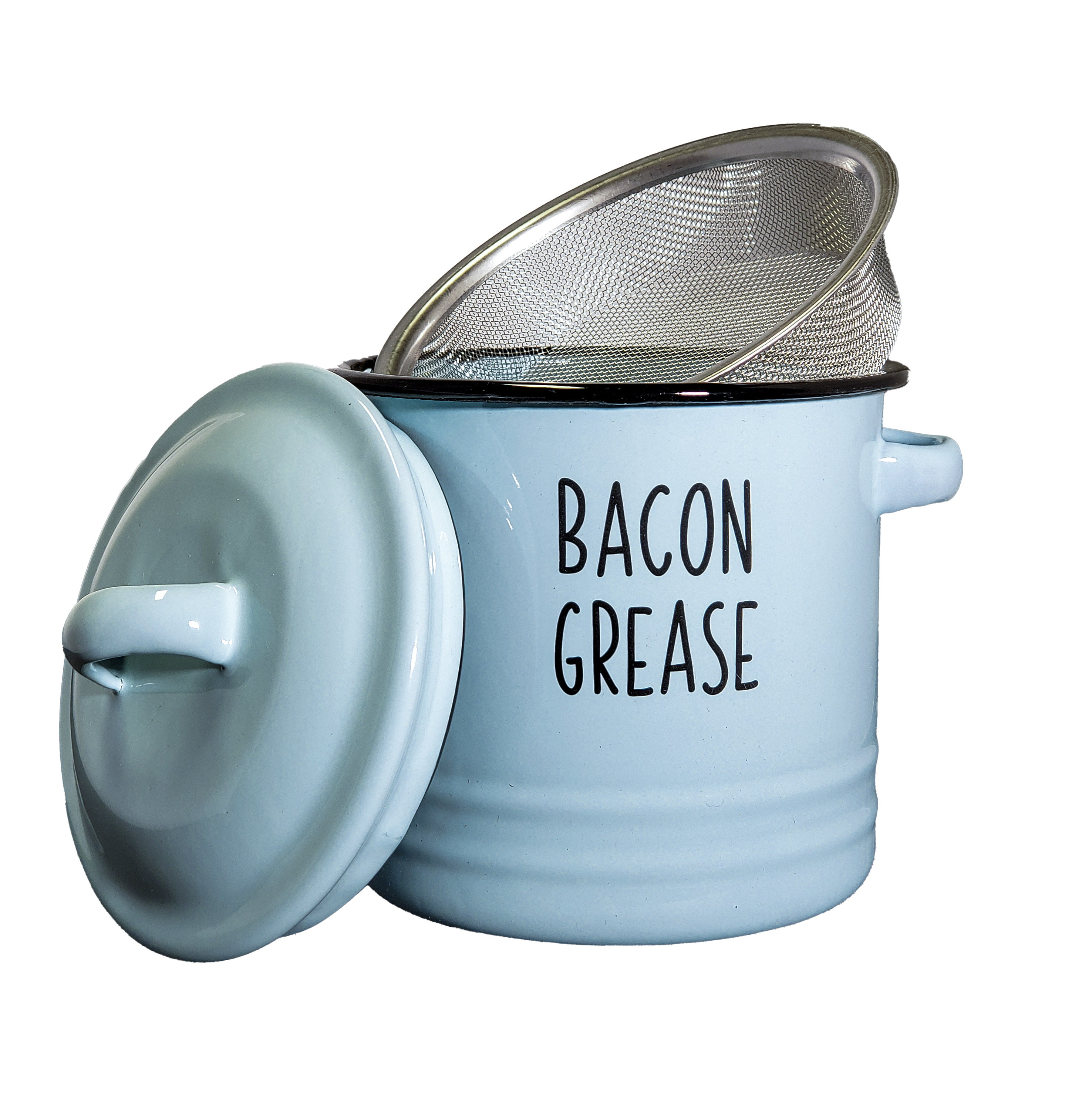 HOOMUU Bacon Grease Container with Fine Strainer - Farmhouse Style White  Enamel Can for Kitchen Counter Storage Decor - Durable & Easy to Clean