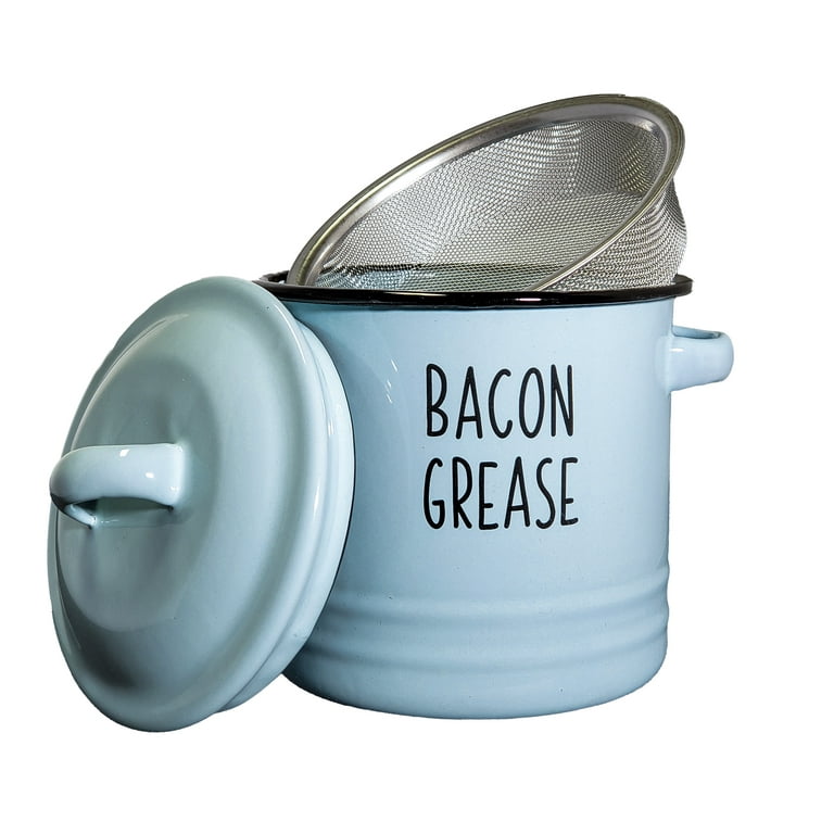 Bacon Grease Container with mesh strainer - rustic blue enamelware
