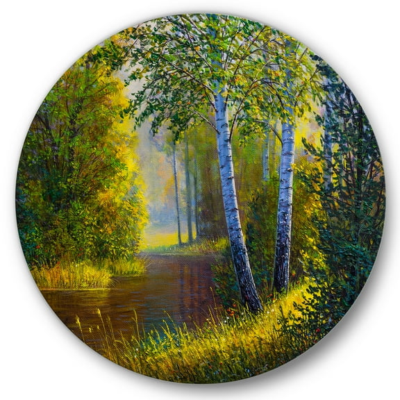 Designart 'Sunrise Glow Through The Birches II' Lake House Circle Metal Wall Art 36x36 - Disc of 36
