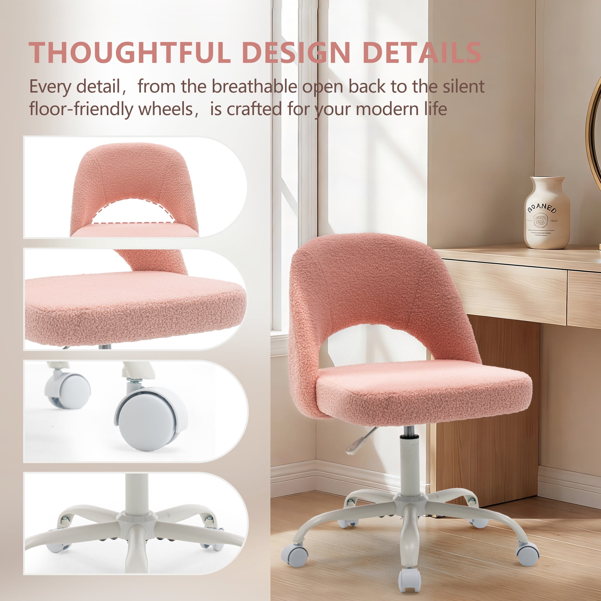 ENYLAY Pink Fluffy Teddy Fleece Vanity Chair, Height Adjustable 360° Swivel Rolling Desk Chair, Ergonomic Upholstered Makeup Chair, Modern Cute Accent Chair for Bedroom Home Office Vanity Room