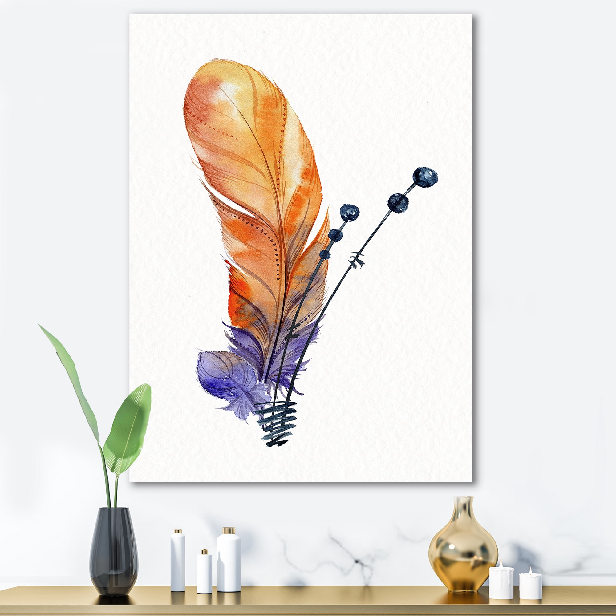 Designart ' Ethnic Orange Animal Feather Composition ' Bohemian & Eclectic Canvas Wall Art Print