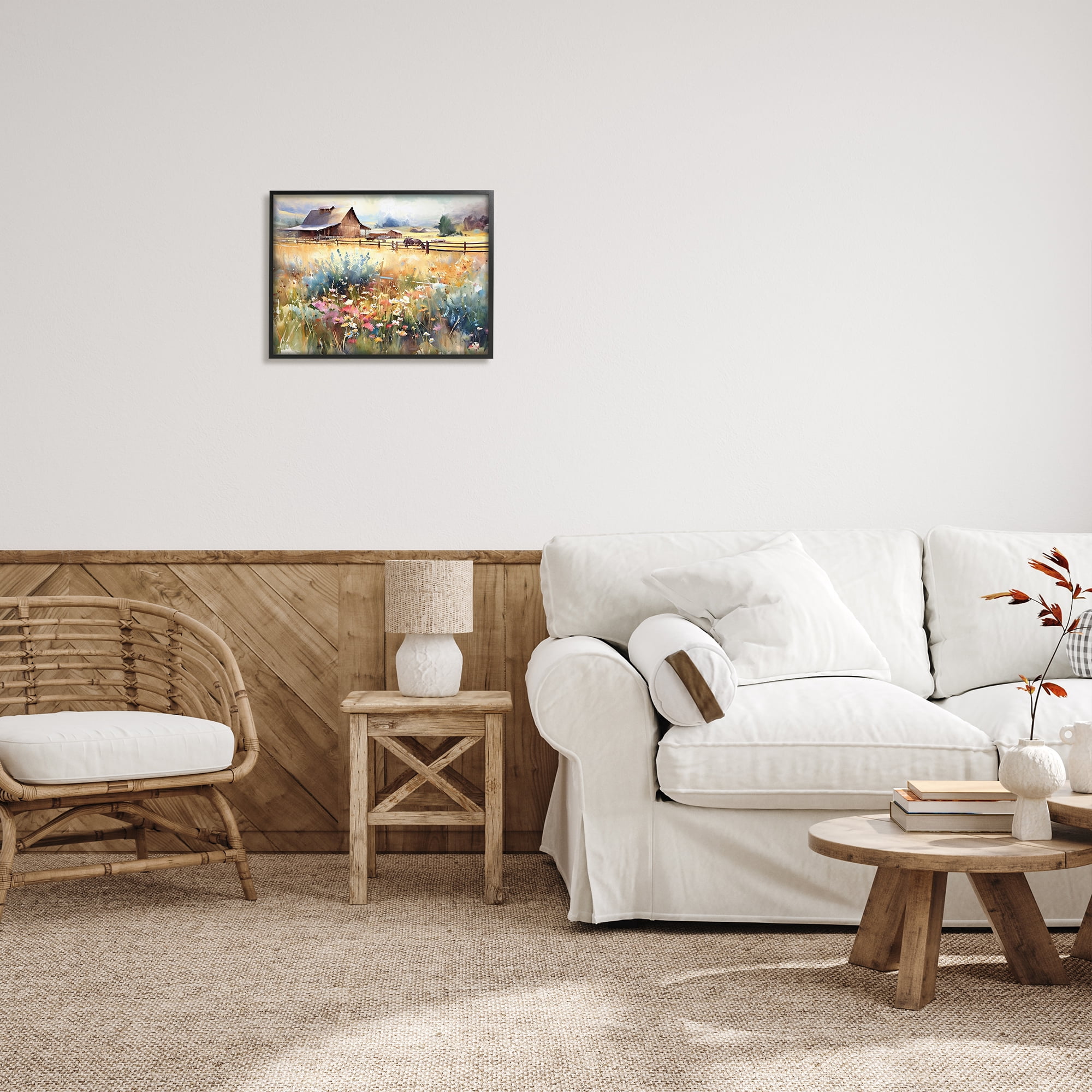 Stupell Industries Horse in Farmhouse Meadow Landscape Painting Black Framed Art Print Wall Art, 20 x 16