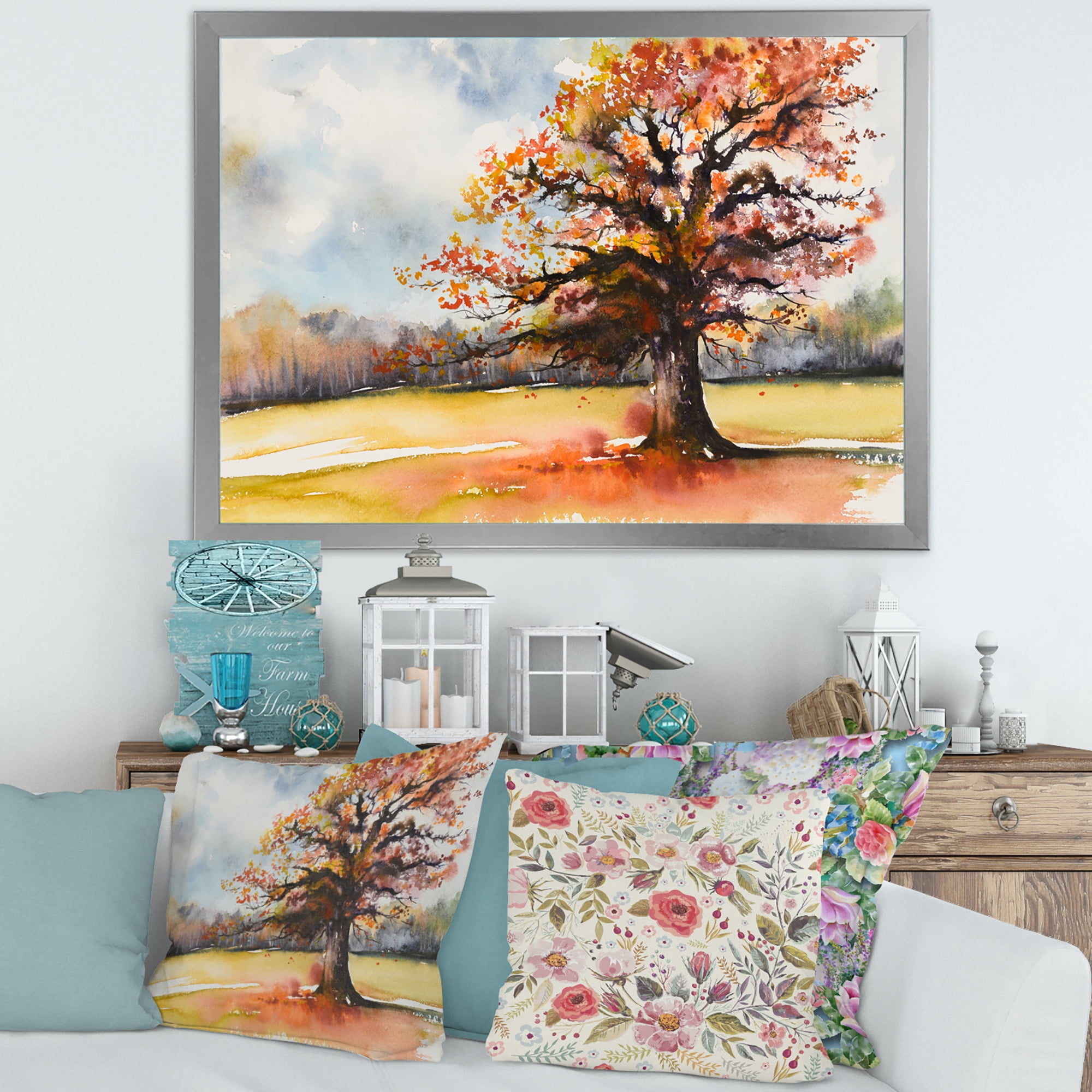 Designart 'Lone Oak Tree In The Fields With Autum Leaves' Traditional Framed Art Print