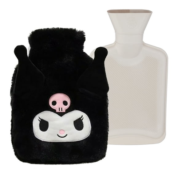Roffatide Cartoon Kuromi CHot Water Bottle Hand Foot Warmer 1L Hot Water Bag and Cold Compress with Cute Anime Character Plush Cover Pain Relief with Cute Faux Fur Cover