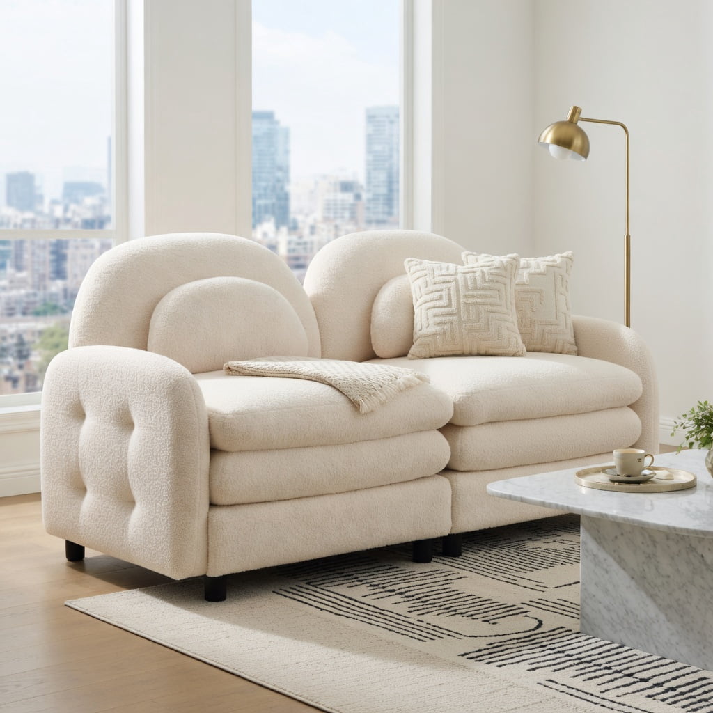 Hommoo Teddy Fleece 4-Seat Modular Sectional Sofa with Curved Backrest, Movable Ottoman & Double-Layer Cloud Cushions, Beige