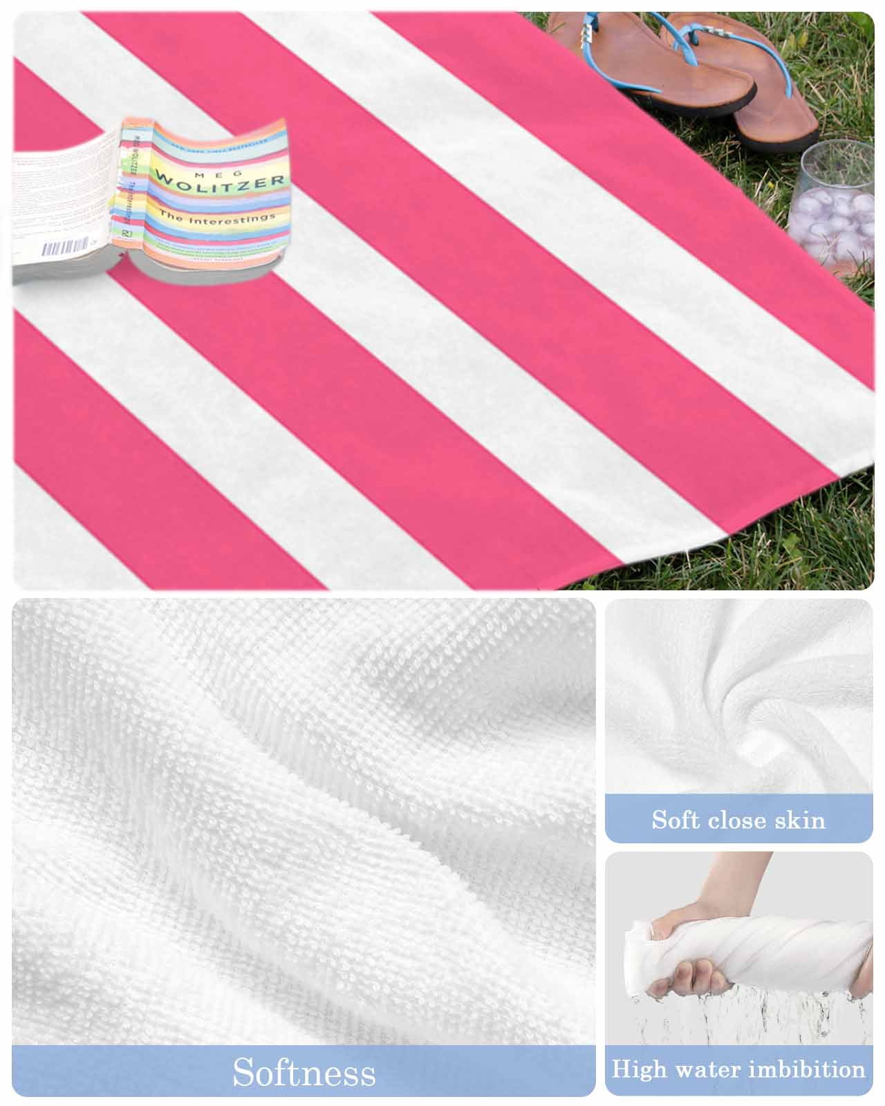 Pink Striped Beach Towels Oversized Super Absorbent, Modern Simple Monochrome Geometric White Lightweight Bath Towel Quick Dry Sets For Bathroom/Pool/Rv Camping/Beach Play/Gym Room/Picnic 23"x47"