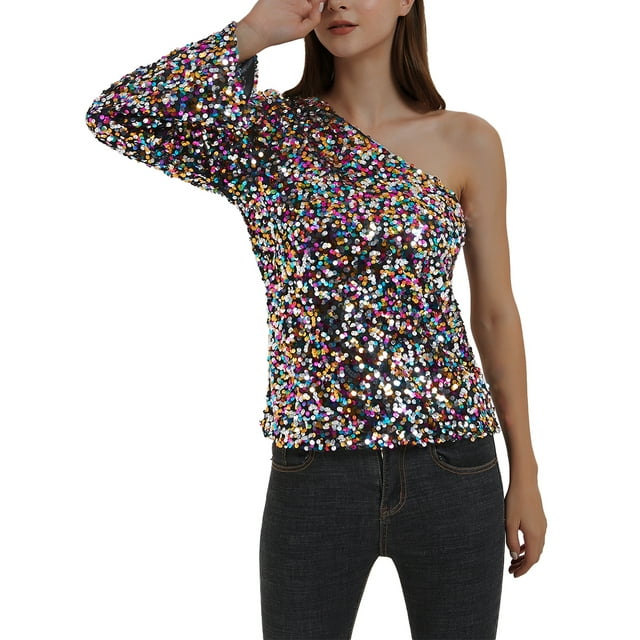 Women's Sparkly Sequin Party Tops Long Sleeve One Shoulder Top Blouse ...