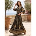 thumbnail image 4 of Women's Boho Ethnic Print Maxi Dress Crew Neck Flared Sleeve Golden Belted Vacation Beach Swing Dress, 4 of 8