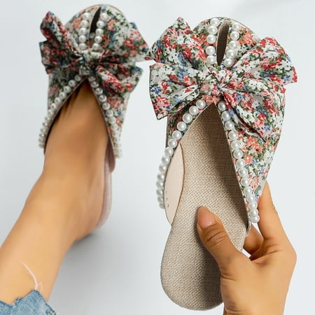 

Women‘s Bow Tie Mules Breathable Faux Pearl Round Toe Flat Casual Shoes Women‘s Lightweight Comfy Shoes