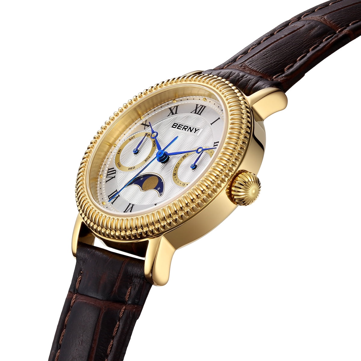 BERNY Womens Leather Watch, Vintage Roman Numerals Luxury Moon Phase Watch with Day & Date, Stainless Steel, Sapphire Crystal, Waterproof, Fashion Dress Analog Quartz Wrist Watches for Women (Gold)
