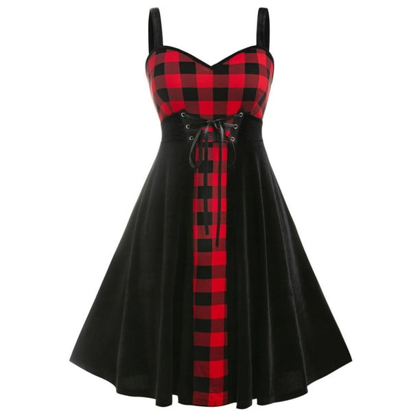 Vestido de Tirante Fino Sin Manga con Cordones Insertados a Cuadros Rosegal Vestidos casuales de talla grande