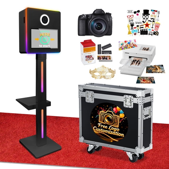 Mirror Photo Booth Machine with Camera and Printer,15.6'' Touch Screen,Mirror Photo Booth Machine with APP Control Ring Light Flight Case for Party Event Rentals (Black, Camera Printer)
