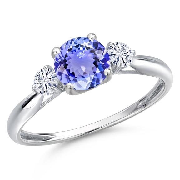 Gem Stone King 10K White Gold Blue Tanzanite and White Moissanite 3-Stone Ring for Women | 1.10 Cttw | Round 6MM | Gemstone December Birthstone | Size 7