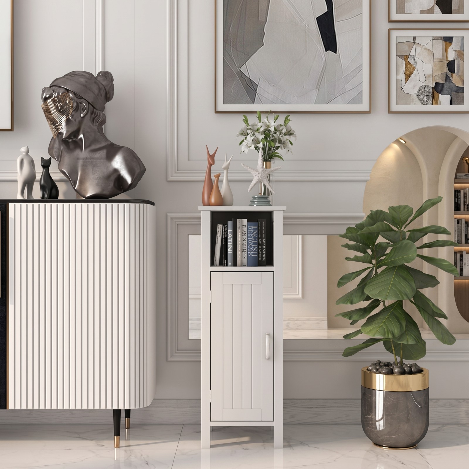 Fenbeli 1-Door Freestanding Bathroom Cabinet with Open Shelf, 2-Tier Floor Storage Organizer and Anti-Tip MDF Corner Cabinet for Bathroom Bedroom Living Room, White