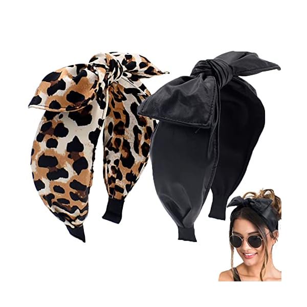 wonima44 BEGOOD Headbands with Bow - Black Leather Knotted Headband, Leopard Wide Turban Hair Accessories for Women and Girls, 2Pcs