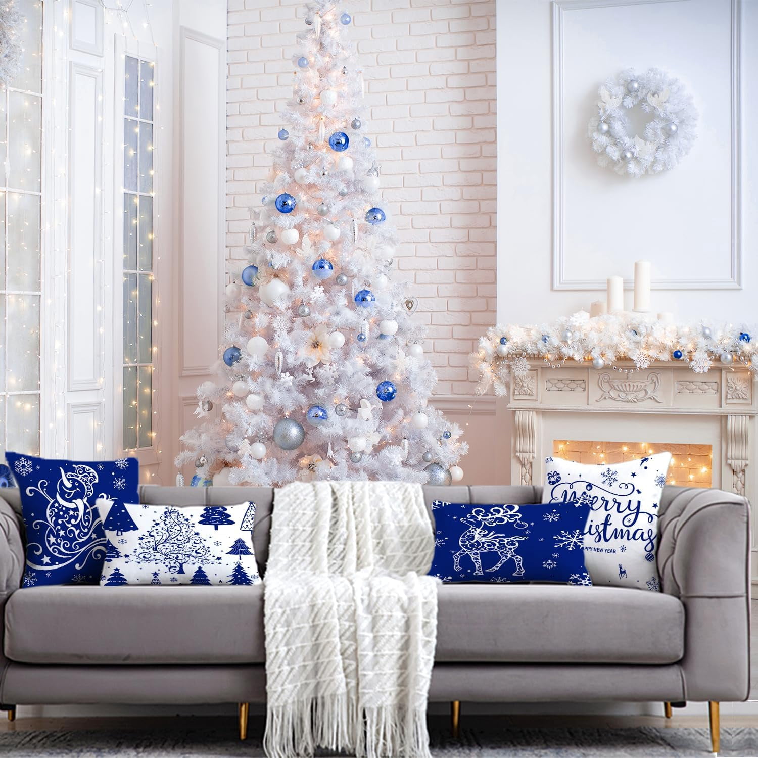 Blue Christmas Throw Pillow Covers 20x20 Set of 4 Christmas Decoration Trees Deer Snowman Merry Christmas Decorative Holiday Farmhouse Pillow Covers for Holiday Christmas Decoration