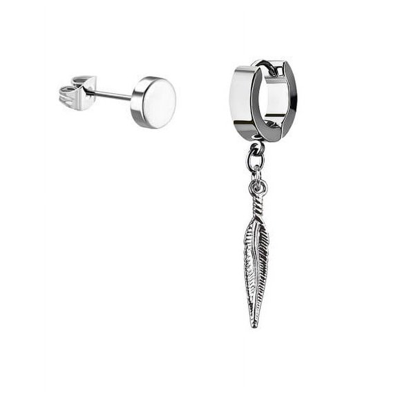 iJewelry2 Silver Tone Stainless Steel Dangling Feather Small Helix Huggie Hoop and Illusion Plug Stud Earrings
