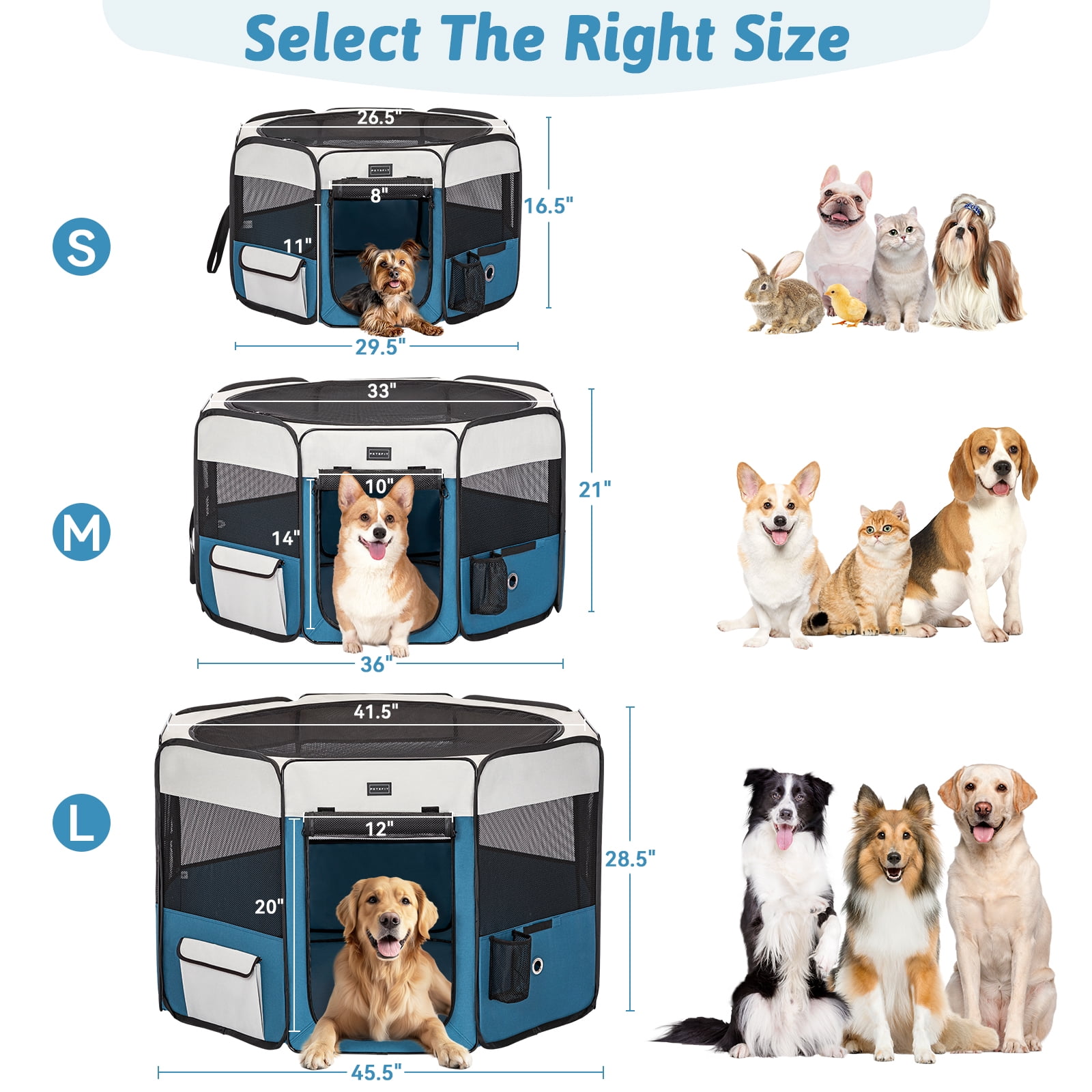 PETSFIT Portable Dog Playpen,36" Dog Play Pen Indoors with Removable Waterproof Mat & Zippered Roof | RV, Camping, Travel Dog Pen | Whelping & Cat Observation Space,Blue
