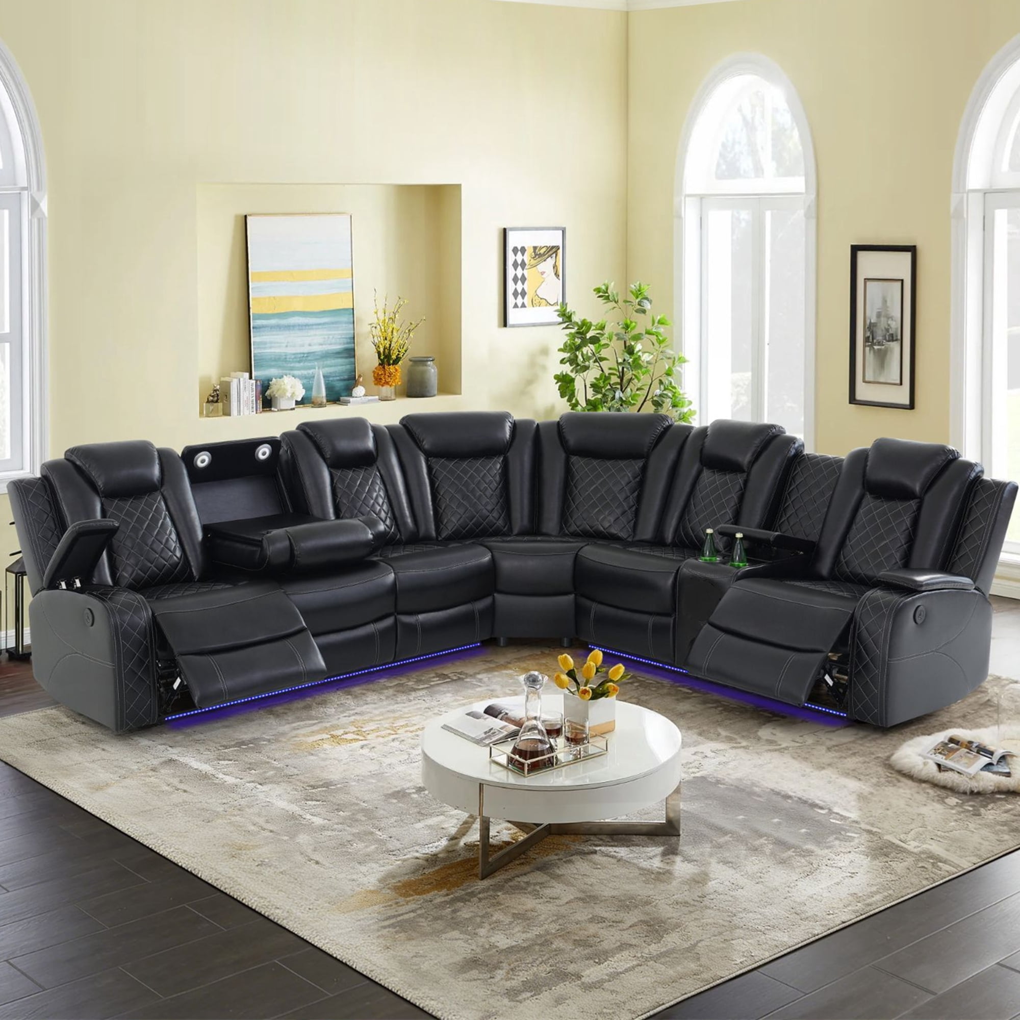 Aukfa Power Recliner Sofa 6 Seat Sectional Couch with LED Light, USB Port, Cup Holders&Storage Console, Home Theater Seating for Living Room, PU Leather, Black