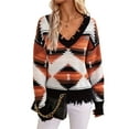 thumbnail image 2 of Woman Western Aztecs Knit Sweater Long Sleeve Vintage Geometric Pullover V Neck Distressed Cropped Sweater Black S, 2 of 10