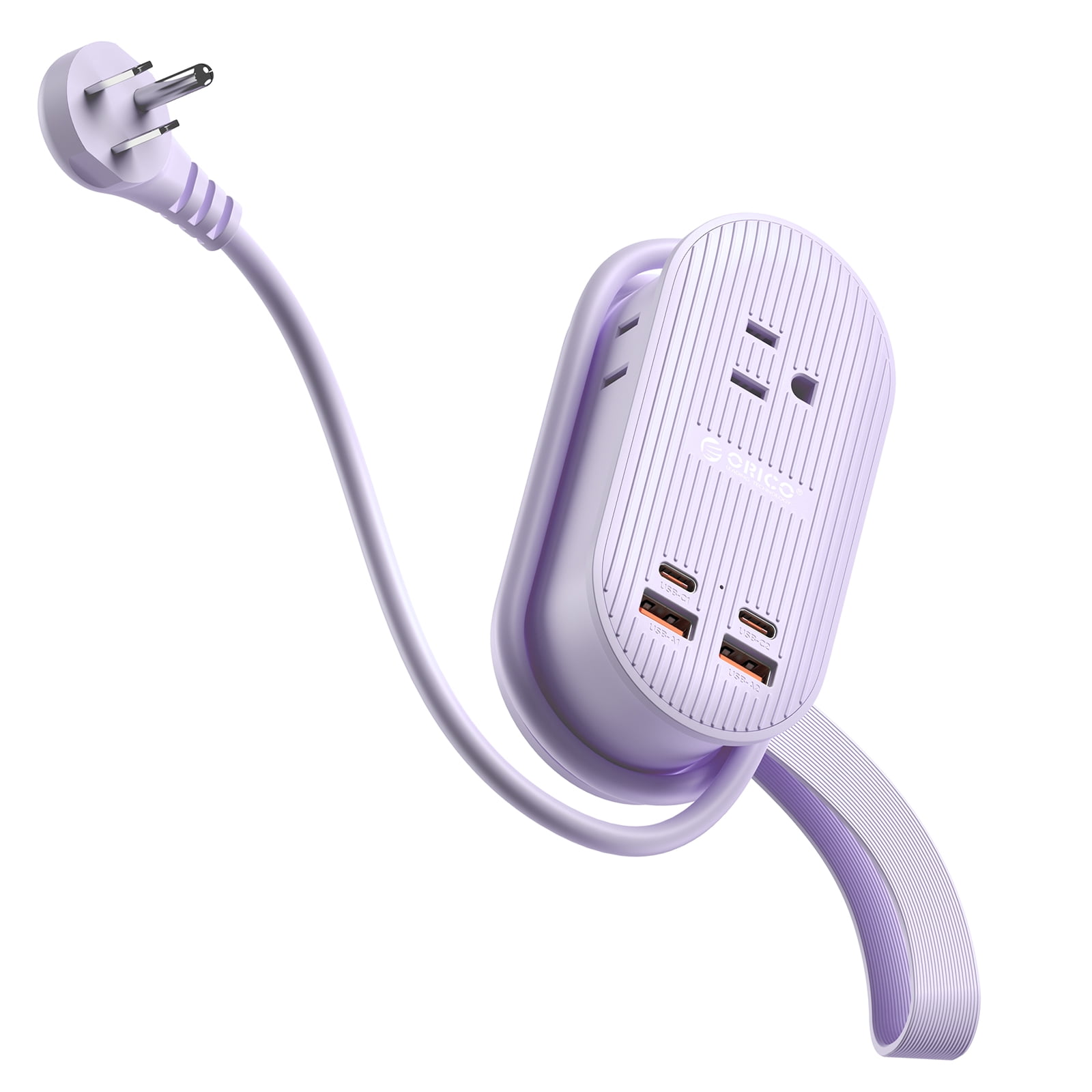 ORICO 65W 7-in-1 Portable Travel Power Strip with USB Ports – 4.4ft Flat Plug Extension Cord with 3 AC Outlets, 2 USB-A, 2 USB-C , Cruise Ship Approved Compact Charging Station(65W,PURPLE)