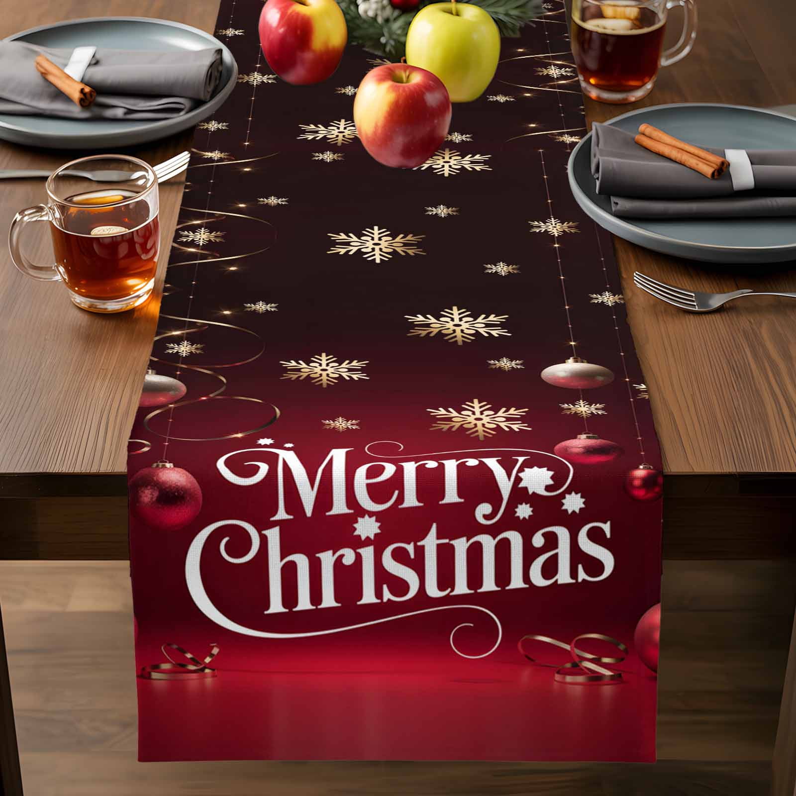 Red Theme Xmas Ball Table Runner 13x90 Inch Starry Merry Christmas Gold Snowflakes Table Runners Dresser Scarves Winter Holiday Kitchen Dining Table Decoration for Home Party Indoor