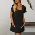 thumbnail image 4 of Womens Summer Dress Square Neck Short Sleeve Ribbed Slim A Line Mini Fit and Flare Dresses 2025, 4 of 5