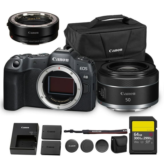 Canon EOS R8 Mirrorless Camera | 24.2MP Full Frame Sensor 4K 60p Video | Compact Lightweight Hybrid Camera for Travel and Content (5803C002)   Canon RF 50mm f/1.8 STM Lens   Adapter EF-EOS R   More