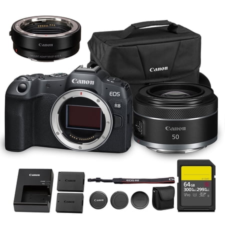 Canon EOS R8 Mirrorless Camera | 24.2MP Full Frame Sensor 4K 60p Video | Compact Lightweight Hybrid Camera for Travel and Content (5803C002) + Canon RF 50mm f/1.8 STM Lens + Adapter EF-EOS R + More