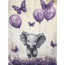 Purple Elephant with Balloons and Butterflies Canvas Wall Art， Suitable for Living Room， Bedroom， Nursery， Kids Room， and Office Decoration.
