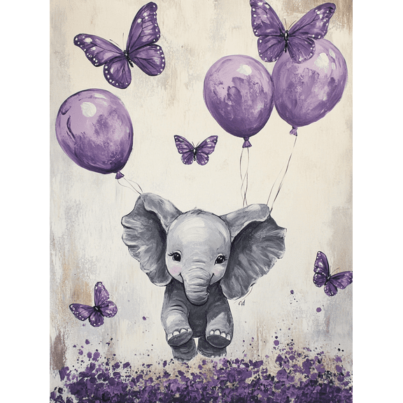 Purple Elephant with Balloons and Butterflies Canvas Wall Art， Suitable for Living Room， Bedroom， Nursery， Kids Room， and Office Decoration.