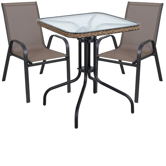 BTExpert Indoor Outdoor 28" Square Tempered Glass Metal Table Brown Rattan Trim   2 Brown Restaurant Flexible Sling Stack Chairs