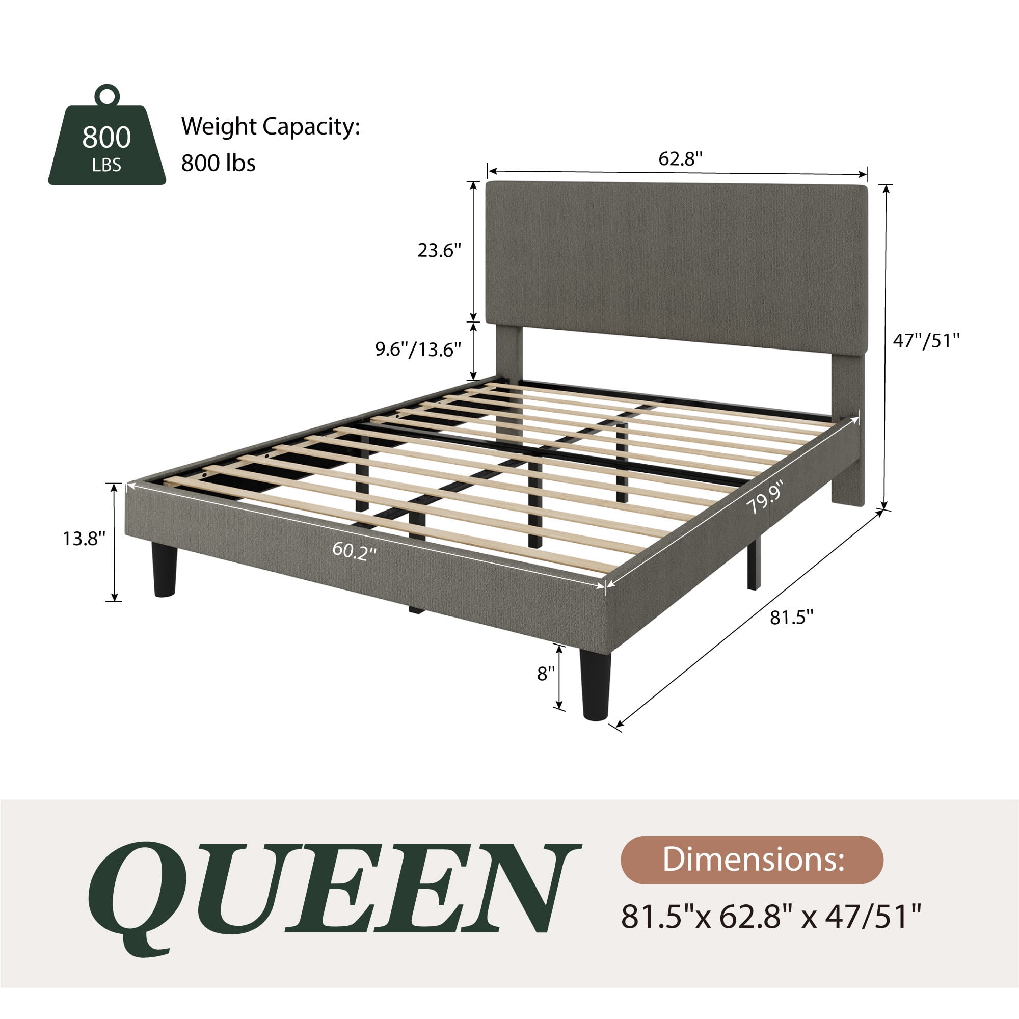 Amolife Queen Bed Frame, Platform Bed Frame with Upholstered Adjustable Headboard, Gray, Nubby Fabric
