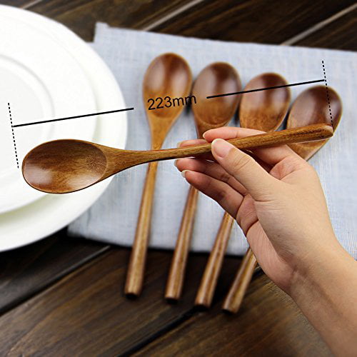 GENENIC 5 Pack Wooden Soup Spoon Long Handle Natural Eco-Friendly Tableware Sets,7 Long