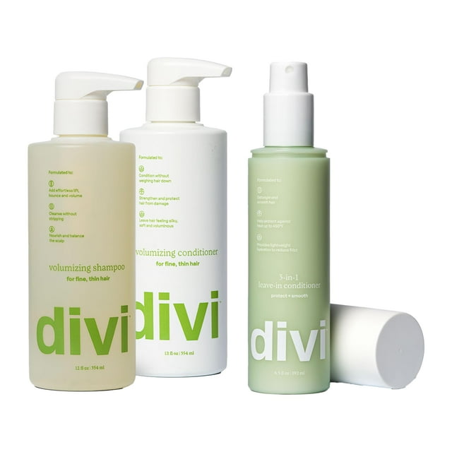 Divi Wash Day Essentials para cabello fino y fino Champú voluminizador Acondicionador Acondicionador sin enjuague Juego de 3 piezas